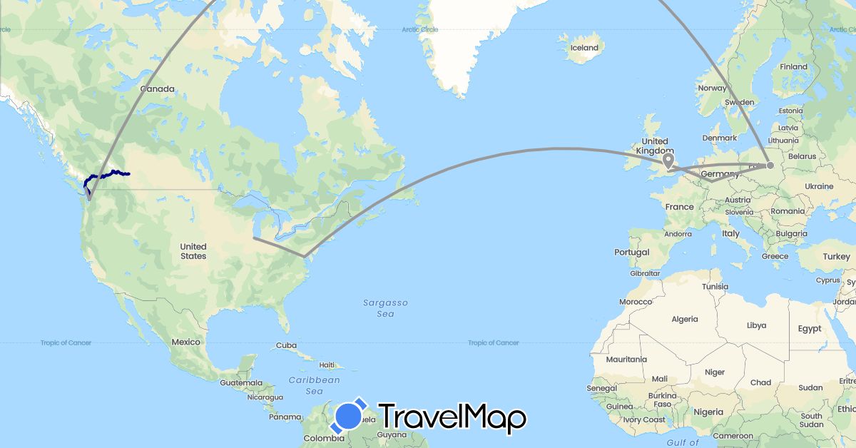 TravelMap itinerary: driving, plane in Canada, Germany, United Kingdom, Poland, United States (Europe, North America)