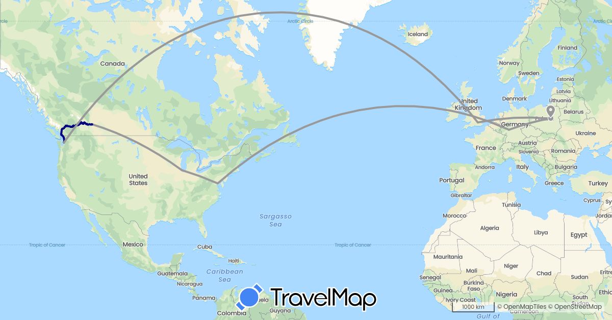 TravelMap itinerary: driving, plane in Canada, Germany, United Kingdom, Poland, United States (Europe, North America)